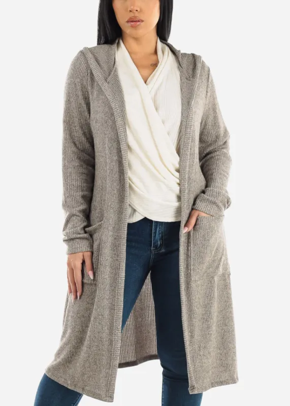 Long Sleeve Soft Rib-Knit Maxi Cardigan Grey w Hoody sold by Moda