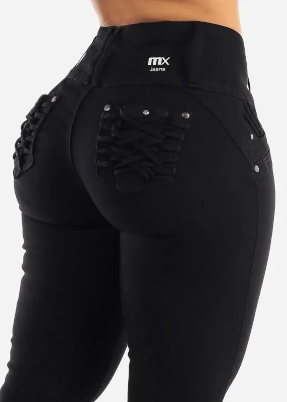 MX JEANS Black Butt Lift Levanta Cola Braided Pocket Skinny Jeans sold by Moda