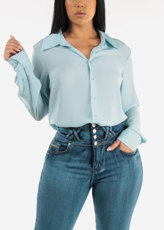 Chiffon Long Sleeve Collared Blouse Light Blue sold by Moda