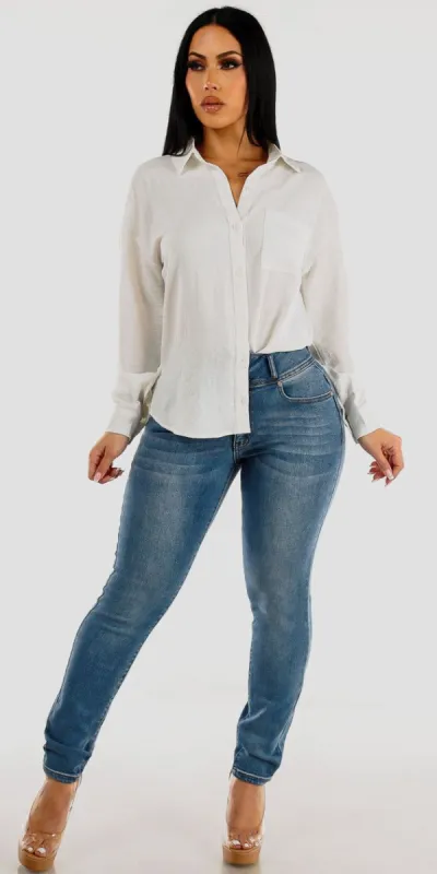 Blue Denim & White Blouse Outfit sold by Moda