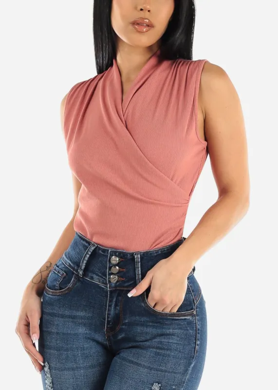 Sleeveless Surplice Rib Knit Top Mauve sold by Moda