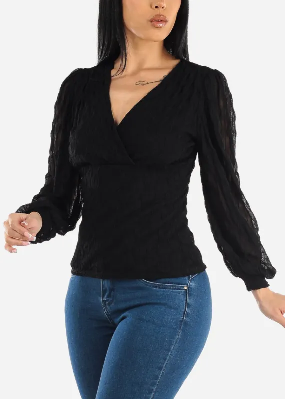 Textured Long Sleeve Black Surplice Blouse sold by Moda