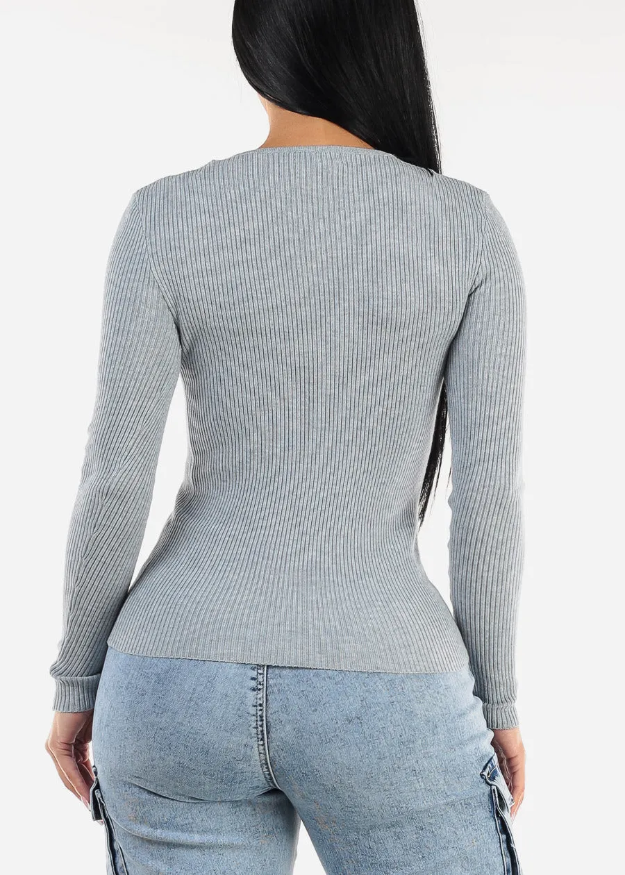 Long Sleeve Vneck Ribbed Sweater Top Heather Blue sold by Moda product image thumbnail 4
