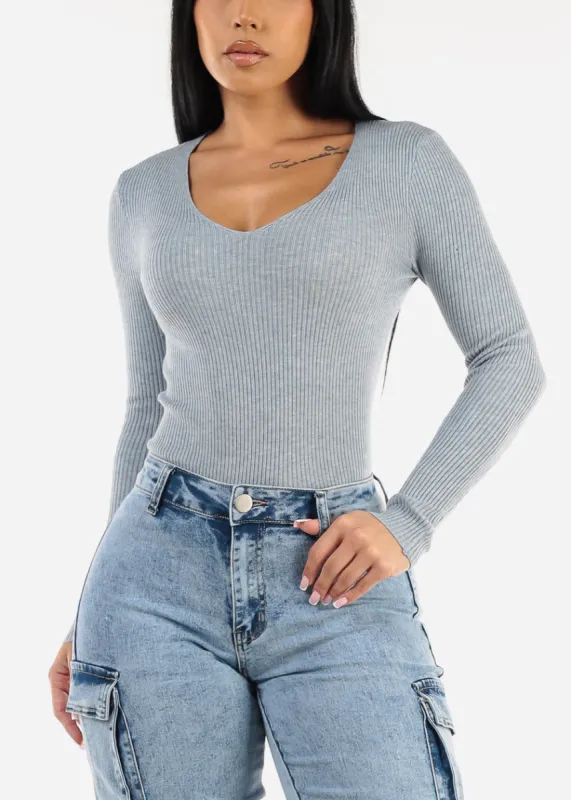Long Sleeve Vneck Ribbed Sweater Top Heather Blue sold by Moda
