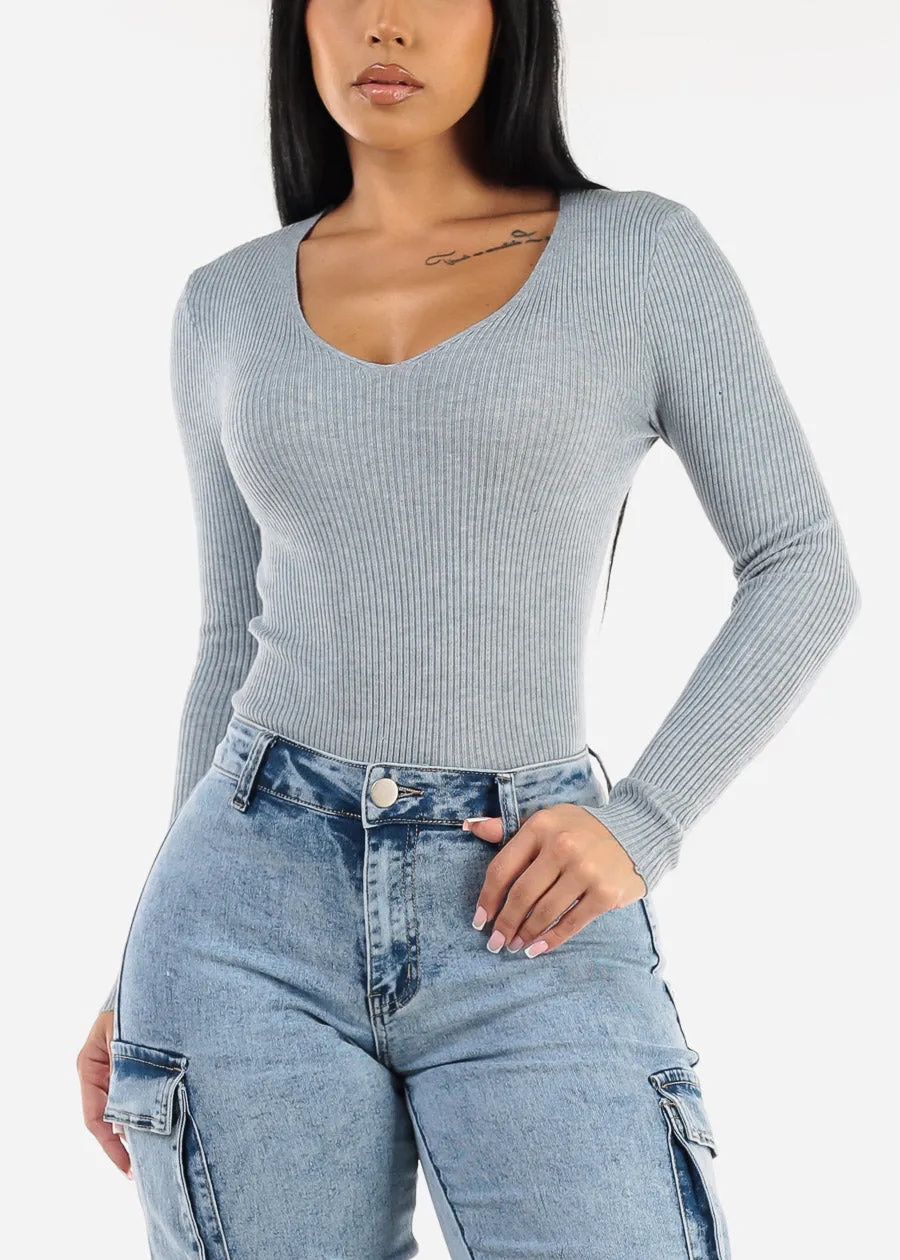 Long Sleeve Vneck Ribbed Sweater Top Heather Blue sold by Moda