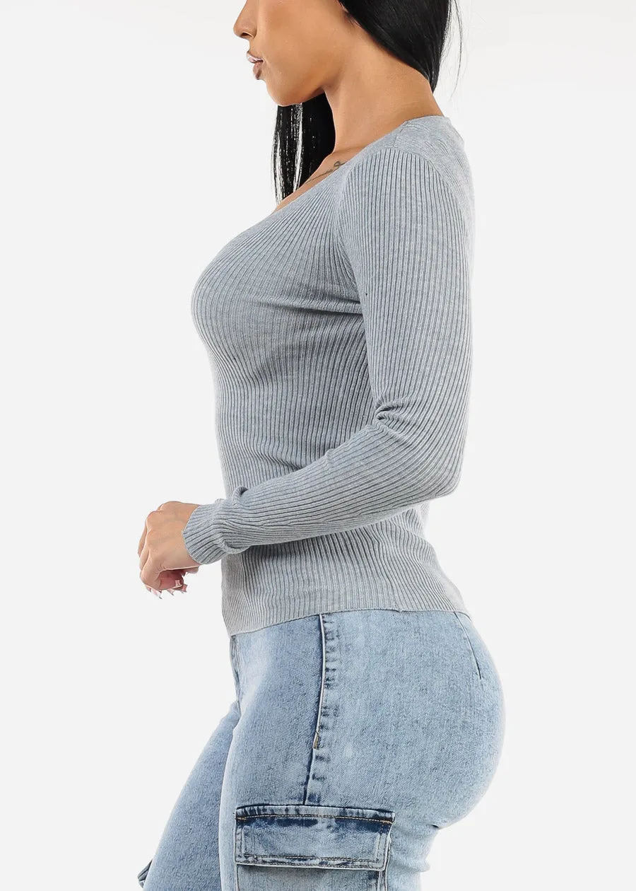 Long Sleeve Vneck Ribbed Sweater Top Heather Blue sold by Moda product image thumbnail 3