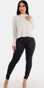 Black Super High Waist Butt Lifting Plaid Skinny Pants with White Long Sleeve Sweater Crop Top sold by Moda