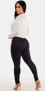 Black Super High Waist Butt Lifting Plaid Skinny Pants with White Long Sleeve Sweater Crop Top sold by Moda