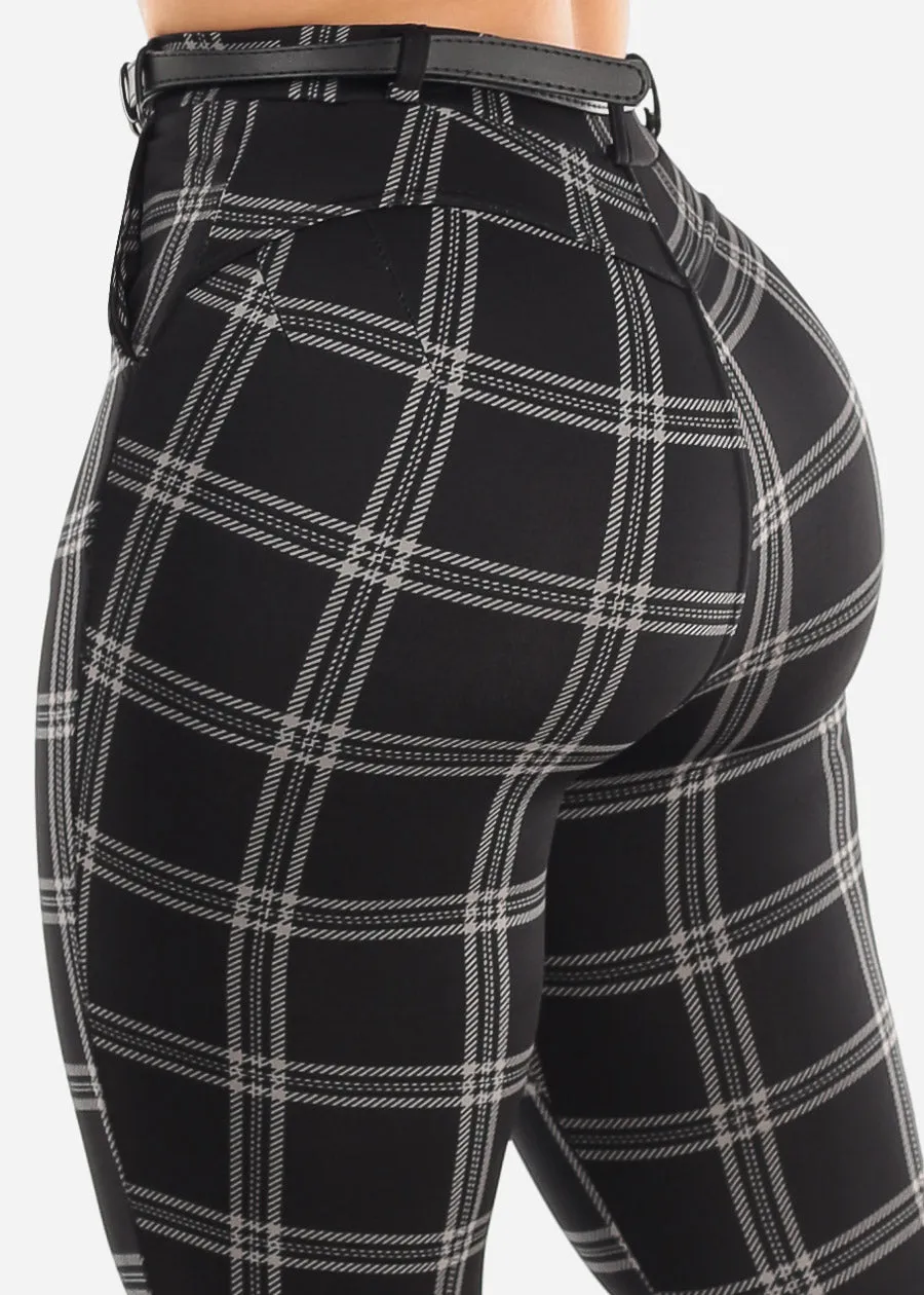 Black Butt Lifting Plaid Skinny Pants w Belt sold by Moda