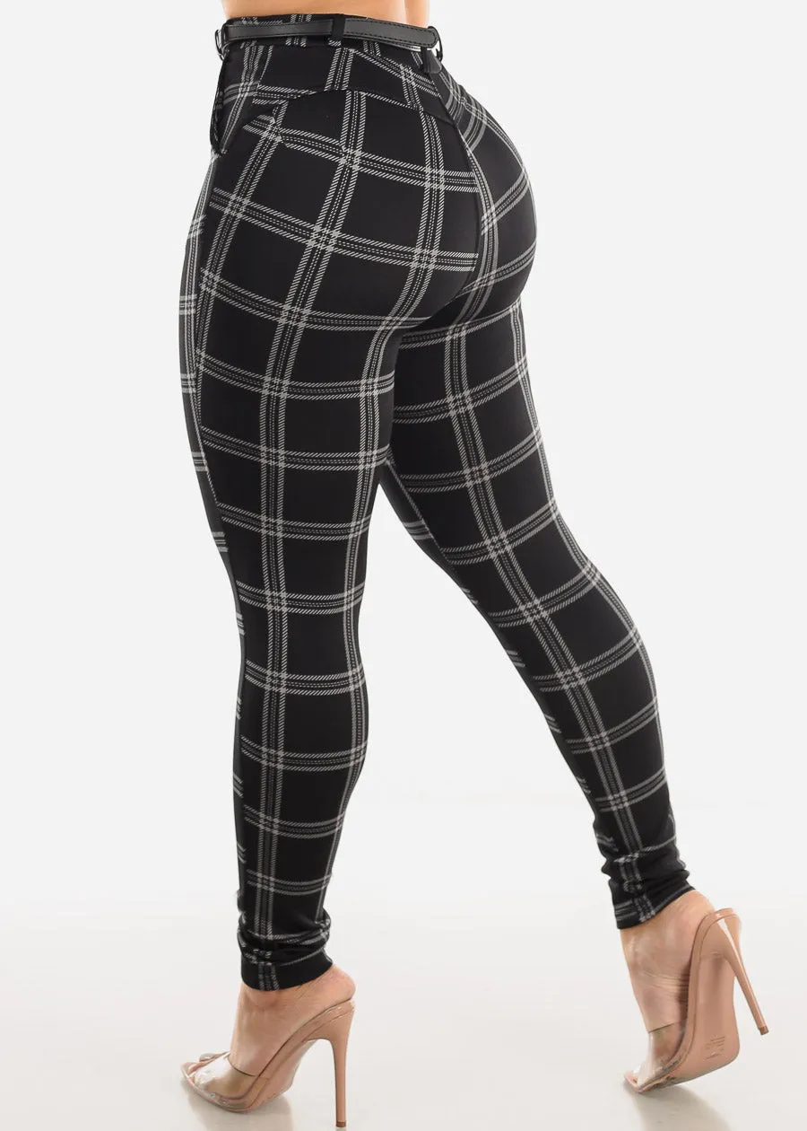 Black Butt Lifting Plaid Skinny Pants w Belt sold by Moda product image thumbnail 5