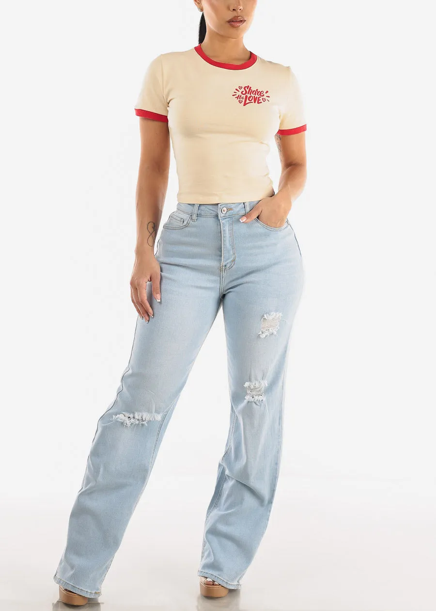 Short Sleeve Graphic Crop Top Cream "Share The Love" sold by Moda product image thumbnail 2
