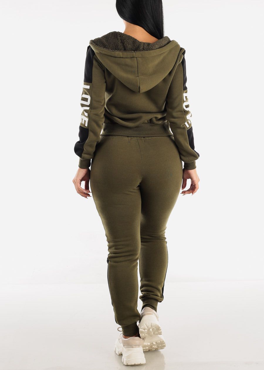 Fleece Zip Up Hoodie & Sweatpants Olive "Love" (2 PCE SET) sold by Moda product image thumbnail 3