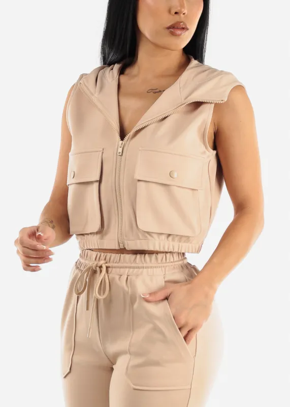 Sleeveless Zip Up Cropped Cargo Hoodie Beige sold by Moda