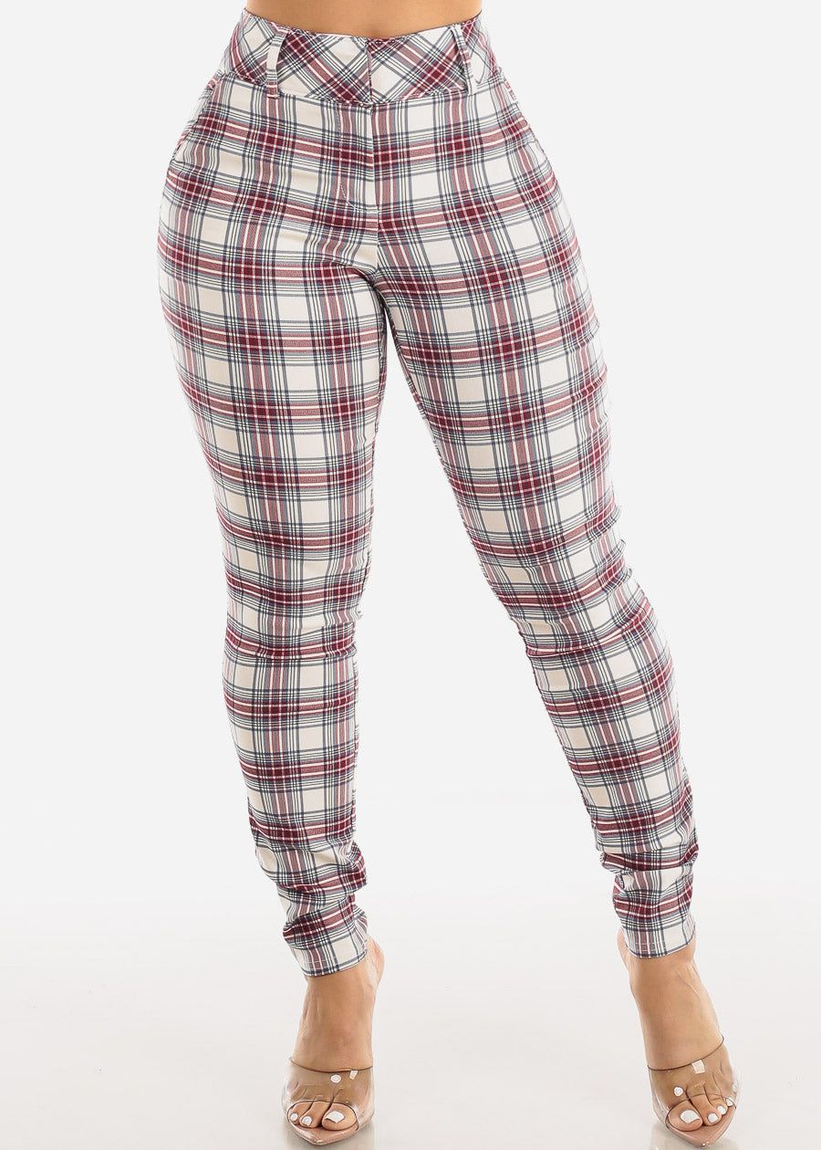 High Waist Plaid Dressy Skinny Pants Ivory sold by Moda