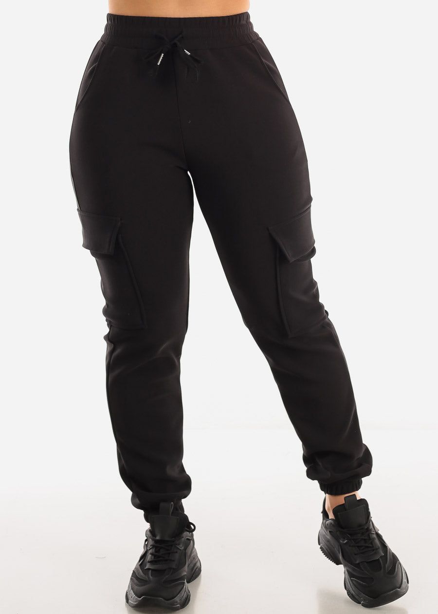 Drawstring Waist Black Cargo Jogger Pants sold by Moda