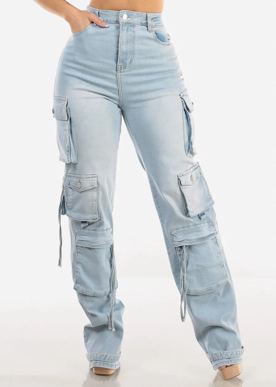 Super High Waist Light Wash Stretchy Cargo Jeans sold by Moda