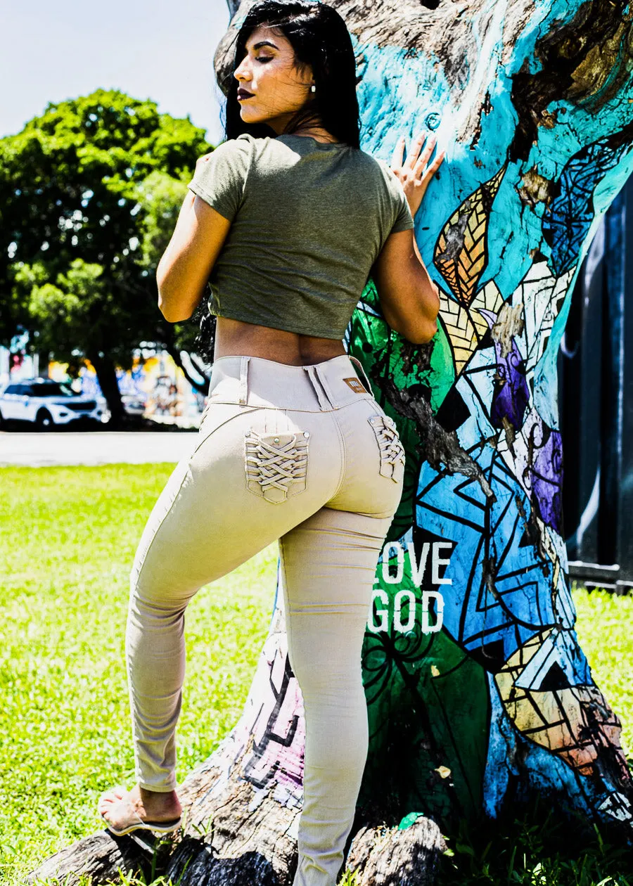 MX JEANS Braided Pocket Butt Lifting Khaki Skinny Jeans sold by Moda product image thumbnail 2