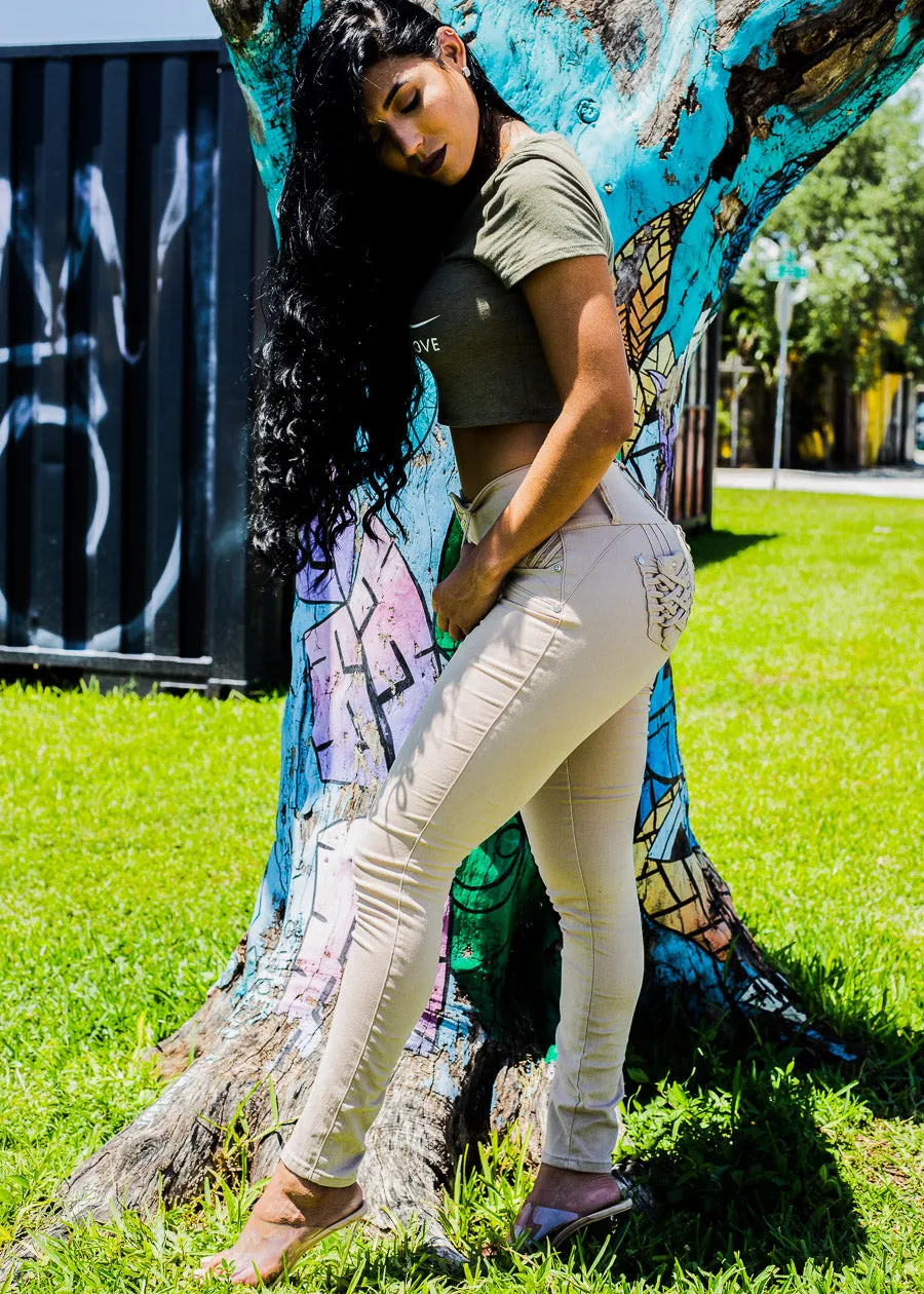 MX JEANS Braided Pocket Butt Lifting Khaki Skinny Jeans sold by Moda product image thumbnail 4