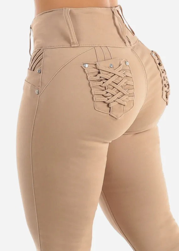 MX JEANS Braided Pocket Butt Lifting Khaki Skinny Jeans sold by Moda