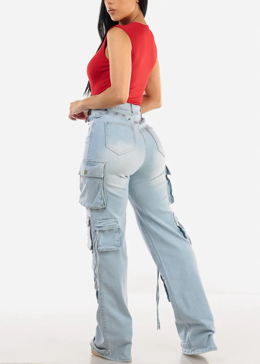 Super High Waist Light Wash Stretchy Cargo Jeans sold by Moda product image thumbnail 5