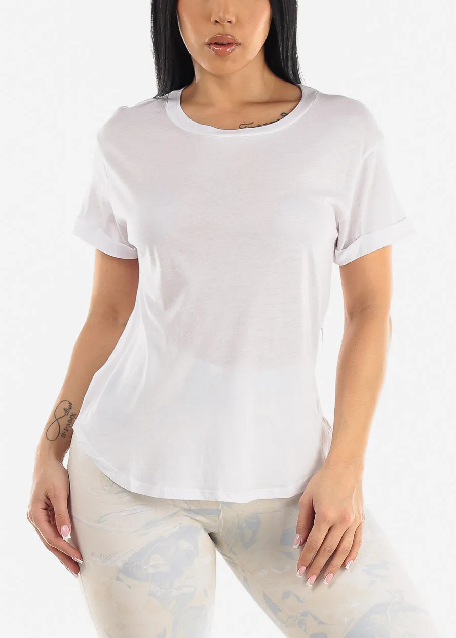 White Cuffed Short Sleeve Round Hem Oversized Top sold by Moda