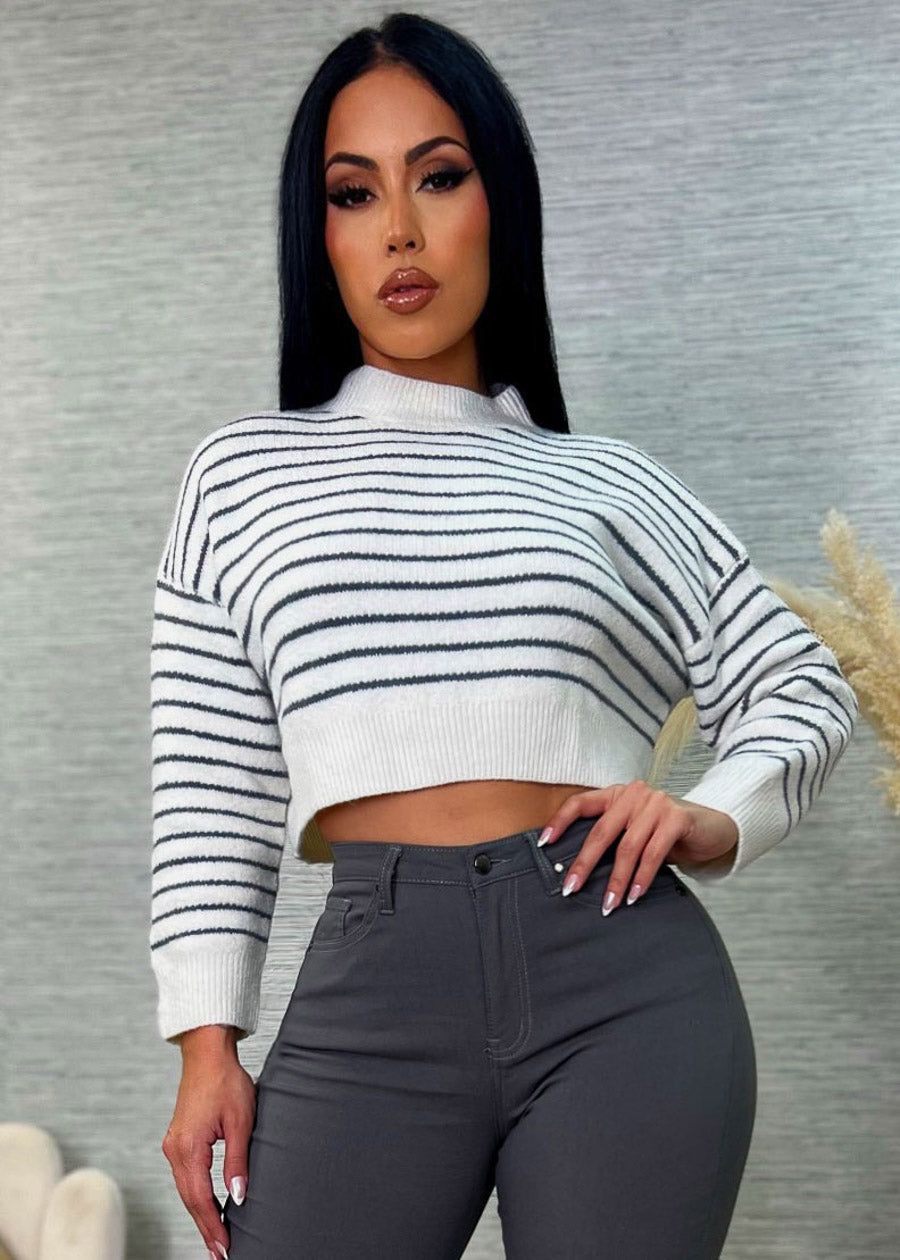 Stripe Cropped Cable Knit Sweater Ivory sold by Moda