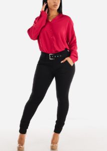 High Waisted Black Dressy Skinny Pant w Belt sold by Moda