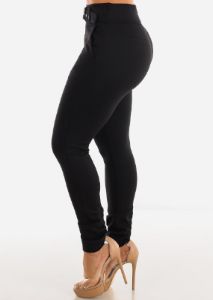 High Waisted Black Dressy Skinny Pant w Belt sold by Moda