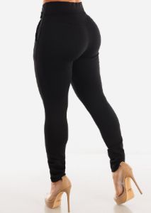 High Waisted Black Dressy Skinny Pant w Belt sold by Moda