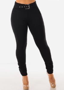 High Waisted Black Dressy Skinny Pant w Belt sold by Moda