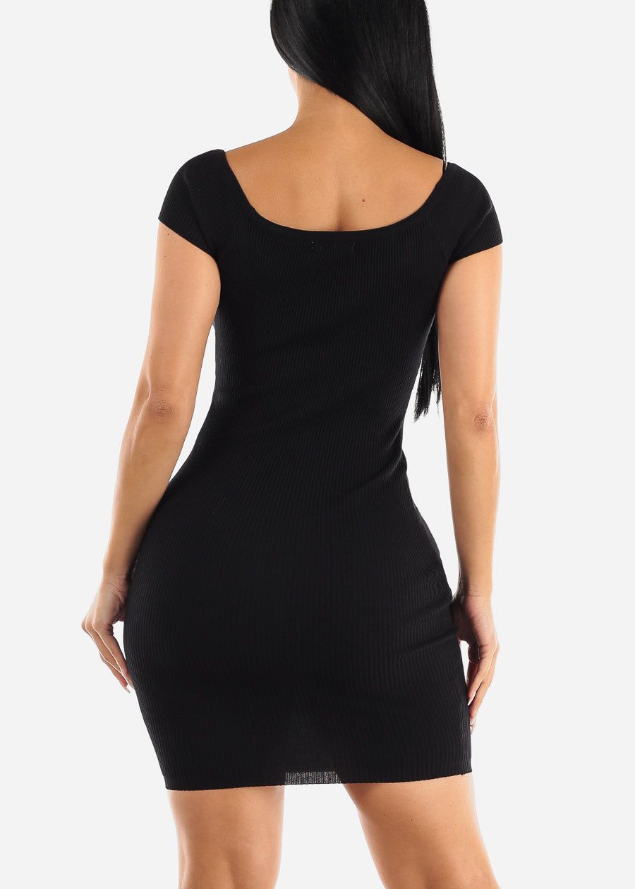 Black Short Sleeve Rib Knit Bodycon Mini Dress sold by Moda product image thumbnail 4