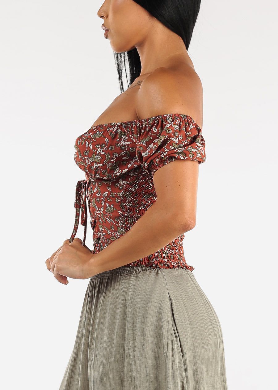 Floral Lace Up Off Shoulder Top Rust sold by Moda product image thumbnail 3