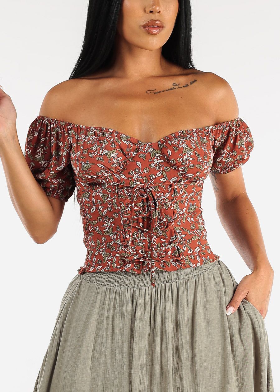 Floral Lace Up Off Shoulder Top Rust sold by Moda