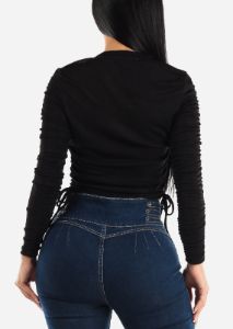 Long Sleeve Black Crewneck Top W Ruched Sides sold by Moda