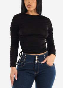 Long Sleeve Black Crewneck Top W Ruched Sides sold by Moda