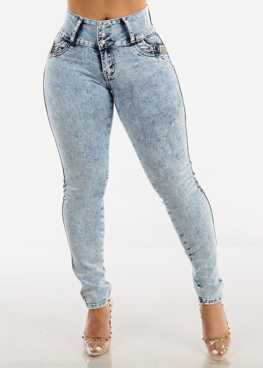 MX JEANS Mid Rise Butt Lifting Acid Wash Skinny Jeans sold by Moda product image thumbnail 4