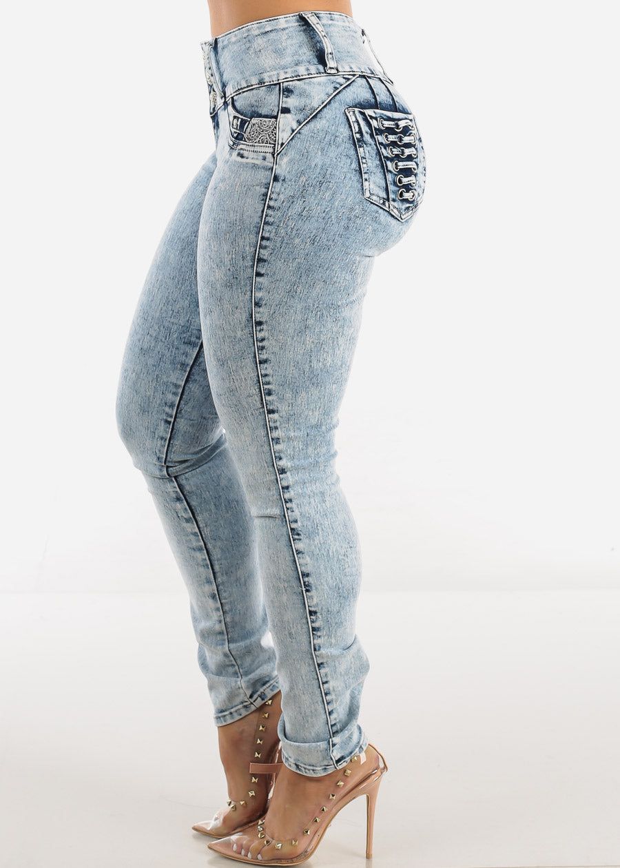 MX JEANS Mid Rise Butt Lifting Acid Wash Skinny Jeans sold by Moda product image thumbnail 5