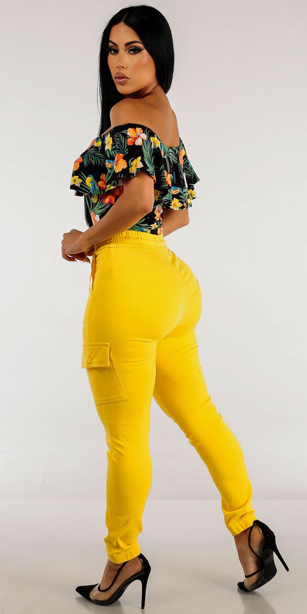 Yellow Drawstring Cargo Pants with Black Off Shoulder Floral Bodysuit sold by Moda product image thumbnail 2