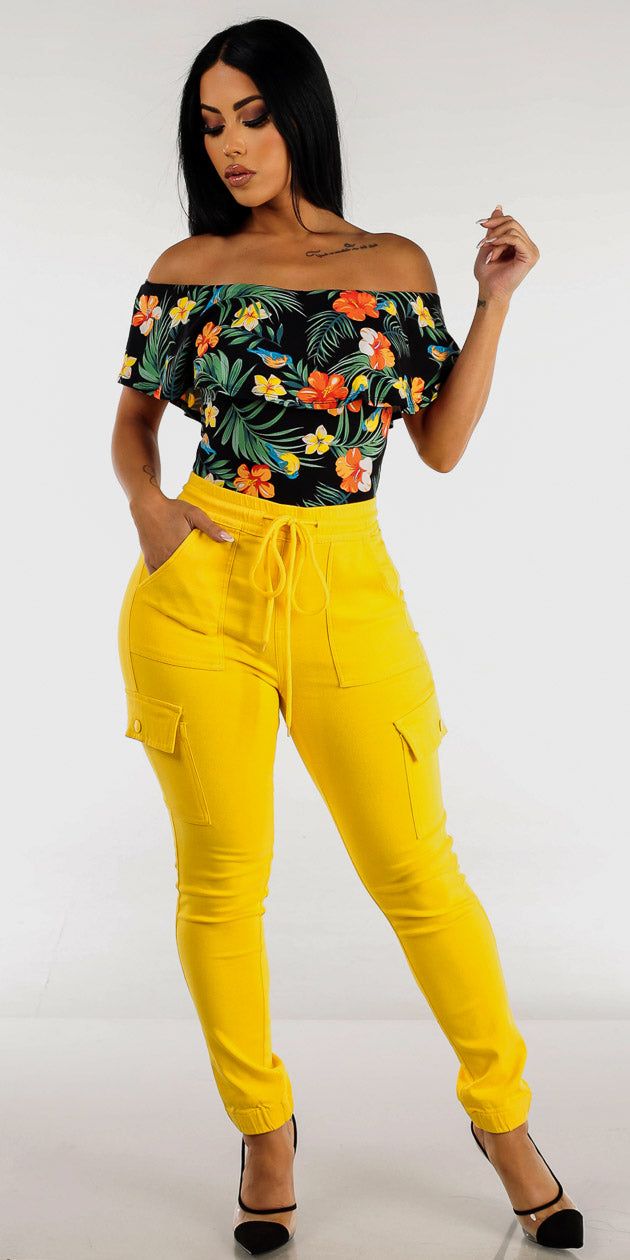 Yellow Drawstring Cargo Pants with Black Off Shoulder Floral Bodysuit sold by Moda
