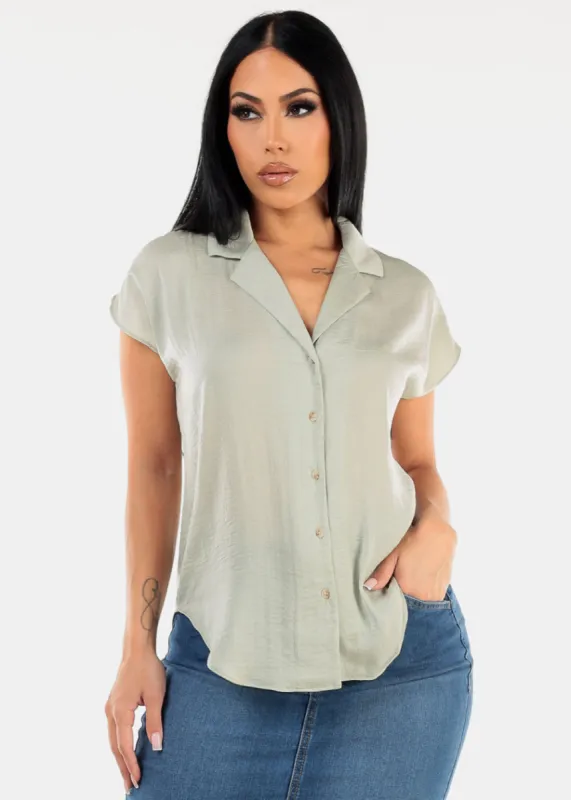 Short Sleeve Button Up Round Hem Blouse Sage sold by Moda