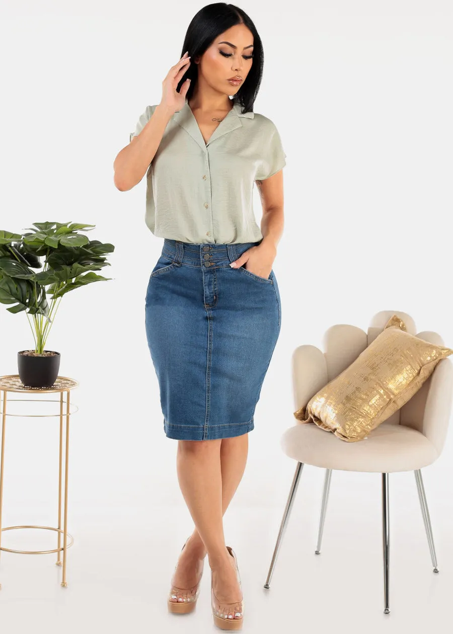 Short Sleeve Button Up Round Hem Blouse Sage sold by Moda product image thumbnail 2
