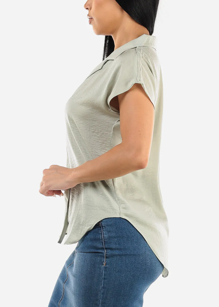 Short Sleeve Button Up Round Hem Blouse Sage sold by Moda product image thumbnail 3