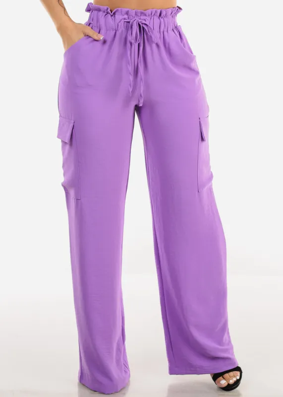High Drawstring Waist Wide Leg Cargo Pants Purple made by Moda