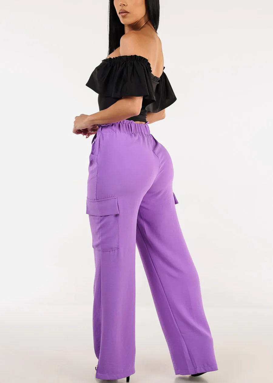 High Drawstring Waist Wide Leg Cargo Pants Purple sold by Moda product image thumbnail 5