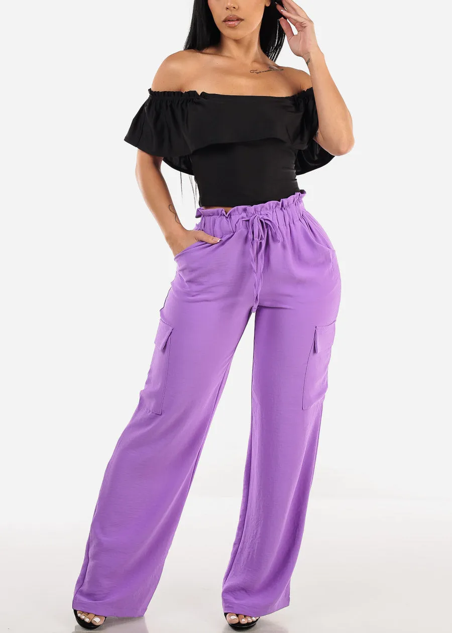 High Drawstring Waist Wide Leg Cargo Pants Purple sold by Moda product image thumbnail 2