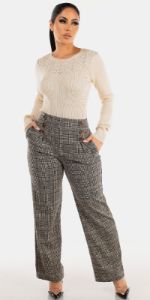 Brown Plaid Straight Wide Dress Pants with Cream Long Sleeve Rib Knit Sweater sold by Moda