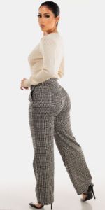 Brown Plaid Straight Wide Dress Pants with Cream Long Sleeve Rib Knit Sweater sold by Moda