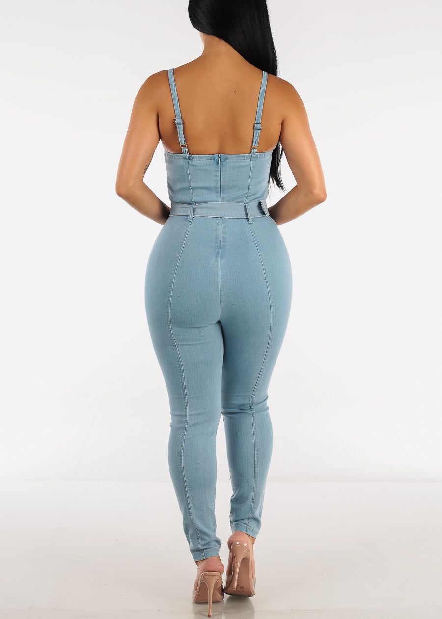 Belted Sweetheart Neckline Sleeveless Denim Jumpsuit Light Blue sold by Moda product image thumbnail 3