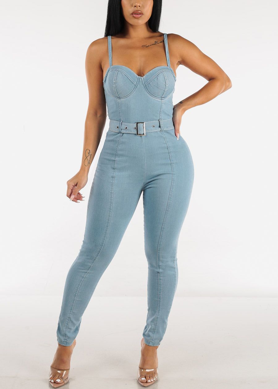 Belted Sweetheart Neckline Sleeveless Denim Jumpsuit Light Blue sold by Moda