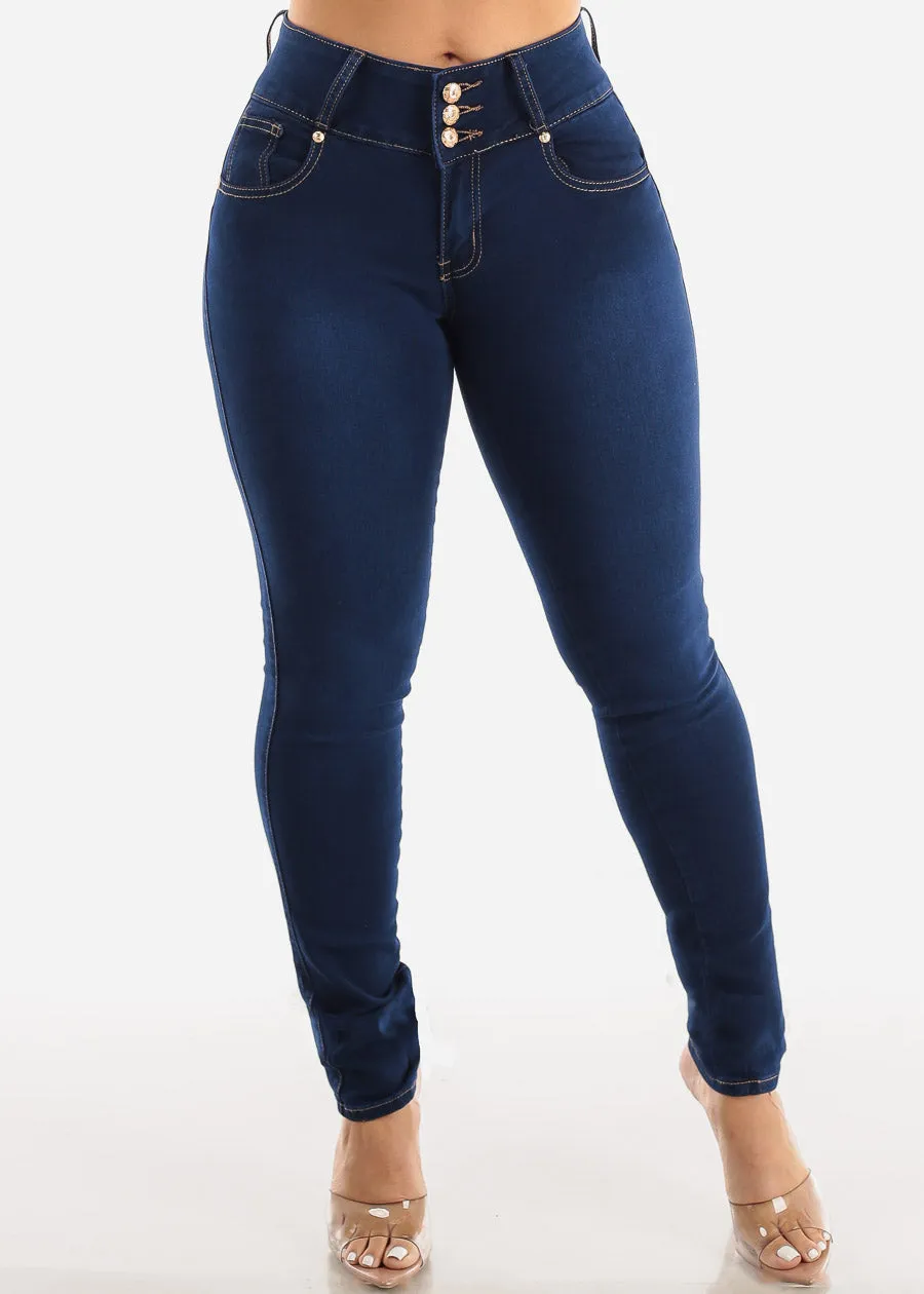 MX JEANS Butt Lifting Mid Rise Levantacola Dark Blue Skinny Jeans sold by Moda product image thumbnail 3